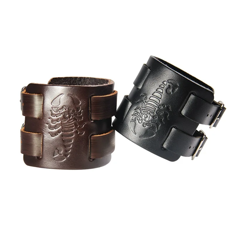 YK Factory Outlet Hot Sale Classic Cowboy Style Vintage Wide Skin Scorpion Jewelry Genuine Leather Bracelet