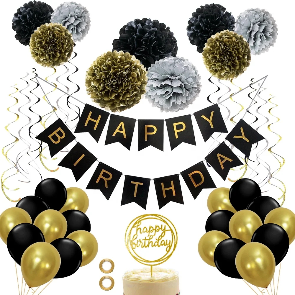 
EasternHope Black Gold Silver Happy Birthday Banner with Pom Pom Balloons Cake Topper Swirls 