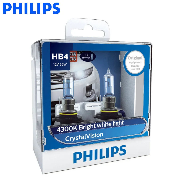 Philips 9006 HB4 12V 60W Crystal Vision 4300K Halogen Bright White Light Auto Lamps Stylish Look UV Resistant 9006CVSM, Pair