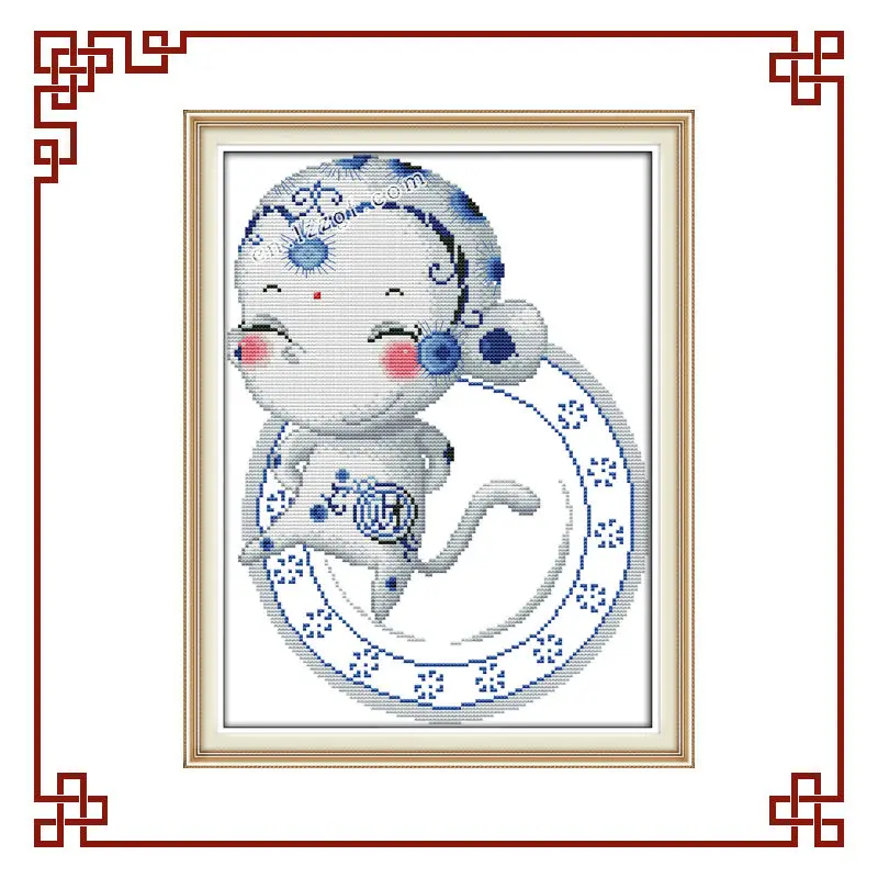 Набор для вышивки крестиком NKF китайская зодиака сине-белая фарфоровая обезьяна