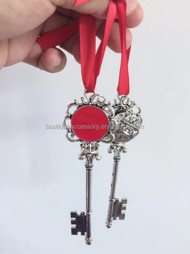 Античное серебро, персонализированный эмалированный диск, волшебные ключи Санты, ювелирные изделия в форме ключа, Рождественское украшение, ключ Санты