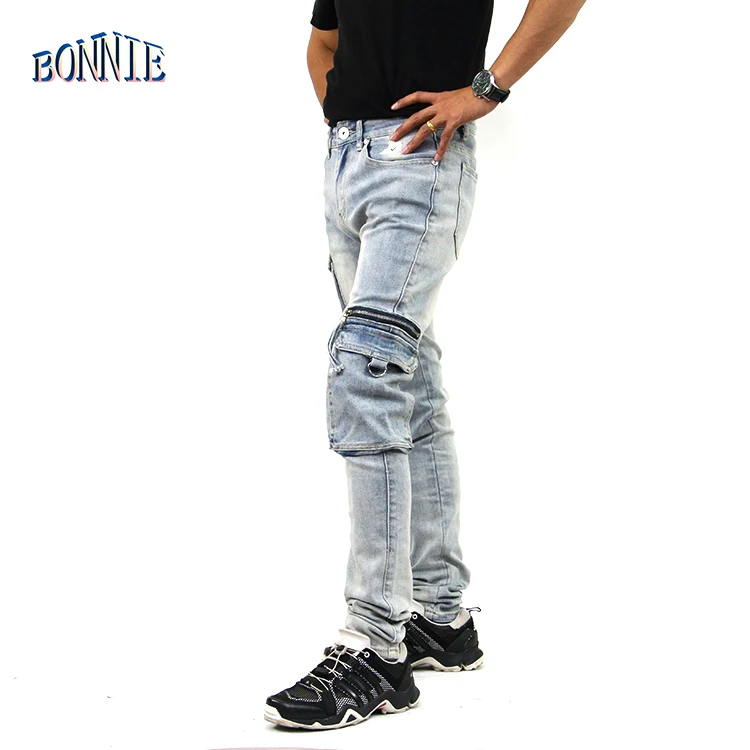 new PUNK STYLE pants urban Denim cargo pants side pockets jeans for men