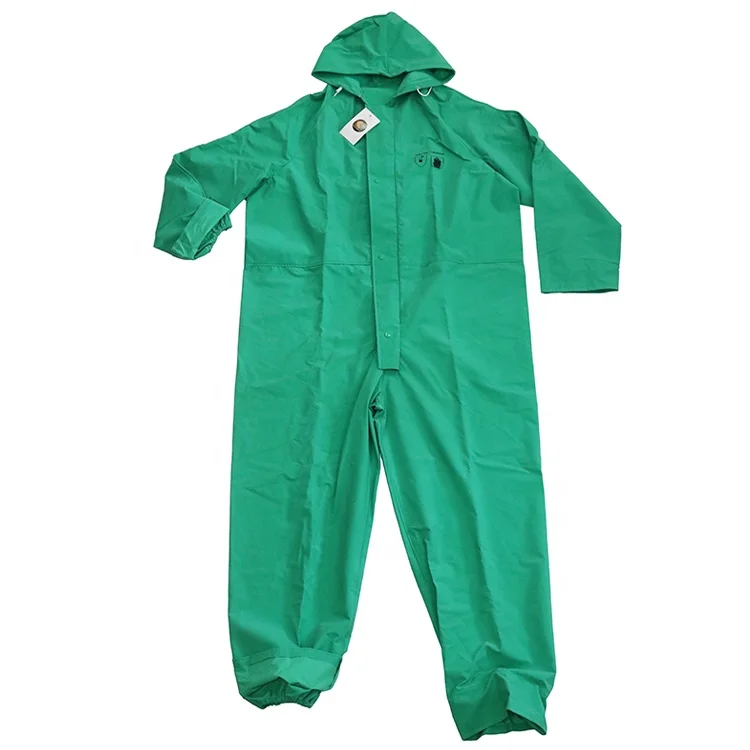 Flame retardant oil chemical resistant 100% waterproof custom logo one piece hooded green pvc raincoats