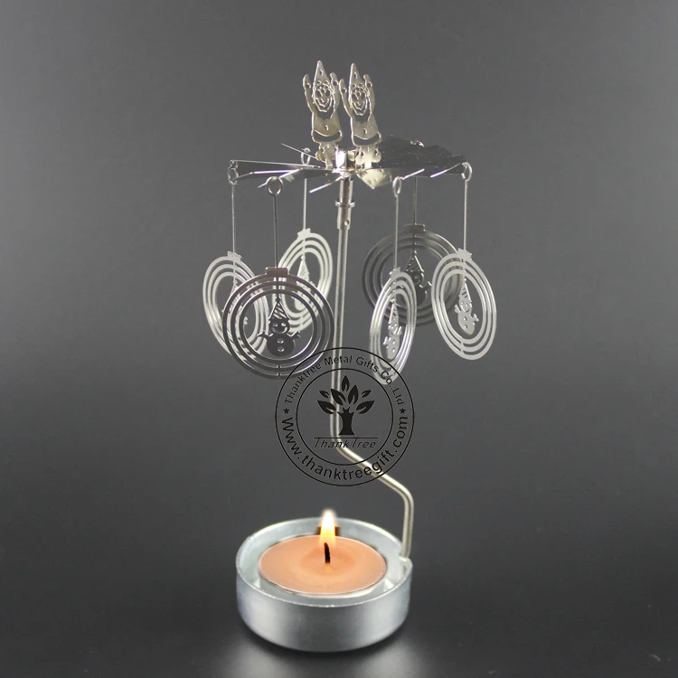 Silver plated metal etching rotating spinning tea light candle holder SCH-029