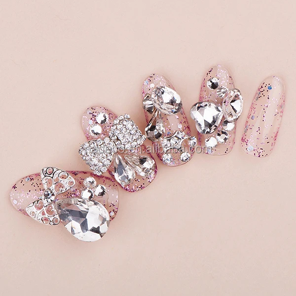 Nadeco Pink Rhinestone Abs Material Artificial Jewelry Wedding False Finger Nail Tips
