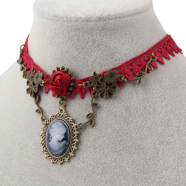 Red Rose Accessory Beauty Head Pendant Vintage Choker Necklace