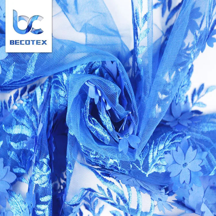 Elegant 3d flower beaded bridal lace royal blue 3d lace fabric