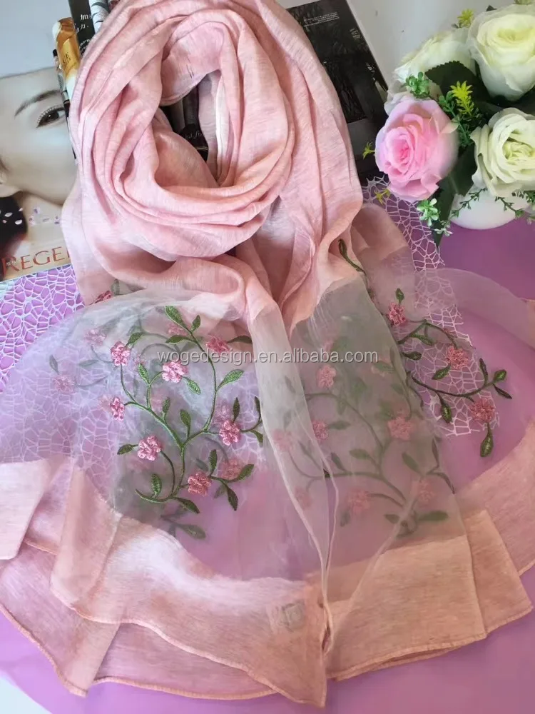New designer summer Chinese design gauze fabric shawls wrap echarpe mascadas women headwear embroidery florals cotton silk scarf
