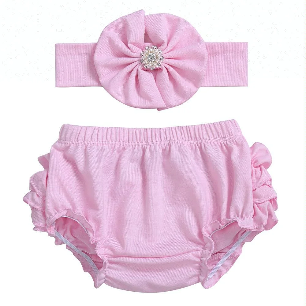 Multiple colors for choice wholesale soft cotton baby ruffle bloomers with headband