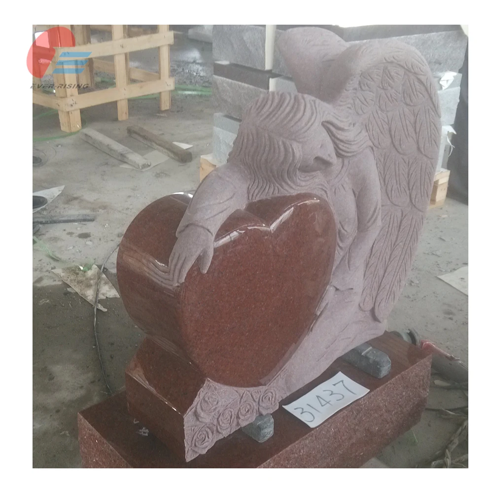 Indian Red Granite Headstone And Monument,Angel Heart Shape Cemetery Headstone