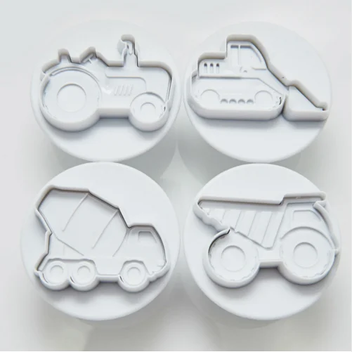 Cake Mold 4 pc set transport car excavator bulldozer digger vehicle truck wagon cookie cutter fondant tool plastic press plunger