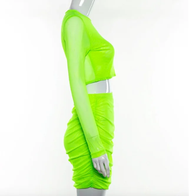 Neon Green Mesh Sexy Two Piece Set Skirt and Crop Top Women 2 Piece Summer Matching Sets Club Outfits