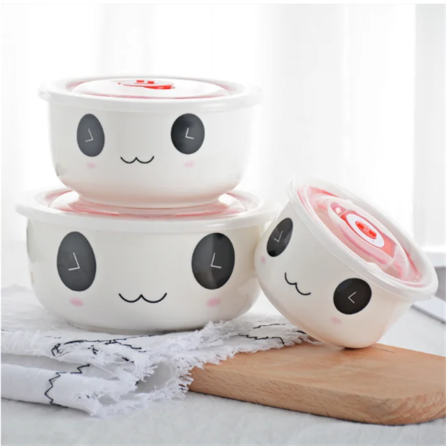 Restaurant Decal food container set of 3 cheap wholesale ceramic lunch box, bowl with lid, ceramic chinese bowl set
