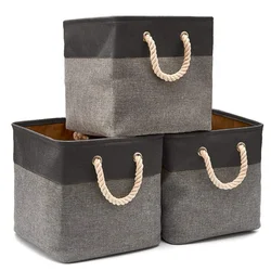 High Quality 3 Pack Cotton Linen Collapsible Toy Storage Box Fabric Storage Basket with Rope Handles
