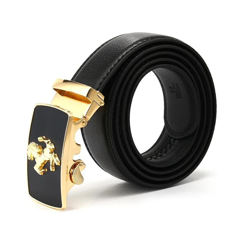 3.5cm width high quality 3D engraved running horse logo easy clip removable automatic buckle custom belt genuine leather