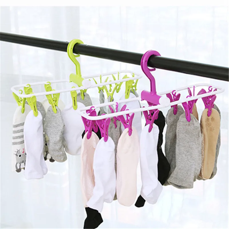 mutifunction foldable plastic hangers clips with 12 pegs hanger for socks baby clothes Bra dryer