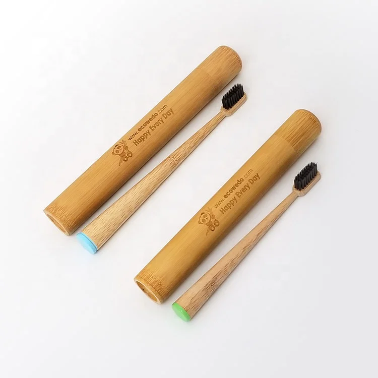 Adult Kids Custom Logo Biodegradable Bamboo Wood Toothbrush with bamboo tube case for travel