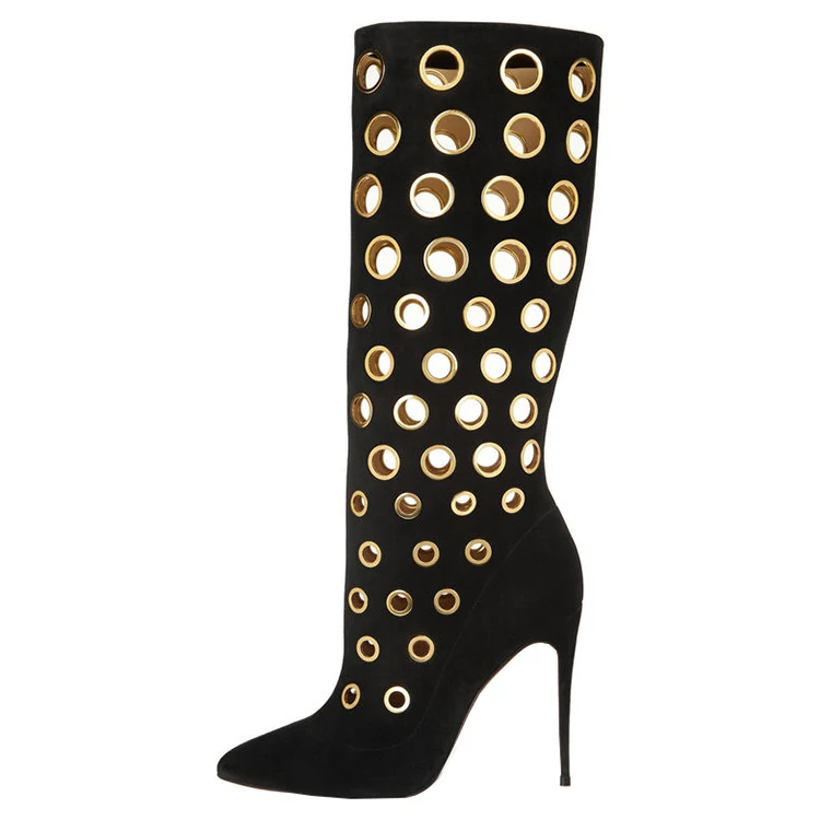 Stylish ladies women pointed toes evening dress pumps suede metal hole thigh high boots