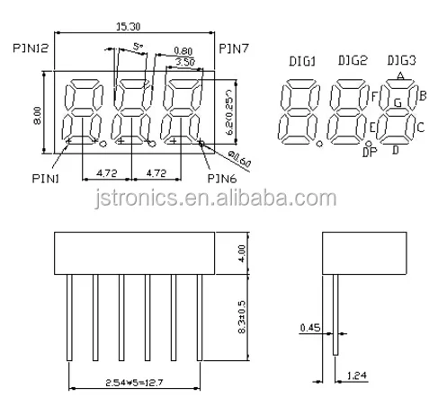 Jstronic Single line 6 pins red/blue/green/yellow 0.25 inch 3 digit small 7 segment led display