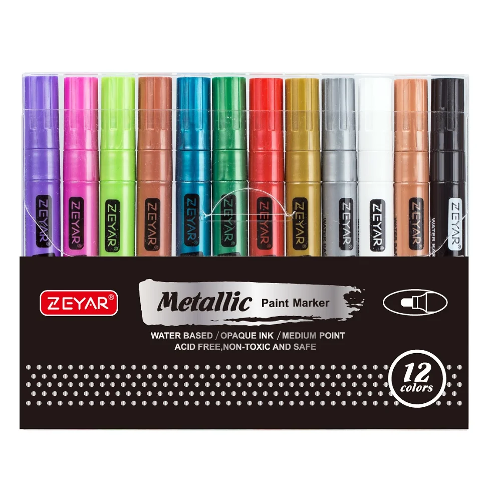 Customization  ZEYAR Metallic Paint Marker Water-based Valve Action Paint Pens, Medium Point Acrylic Tip, 12 colors