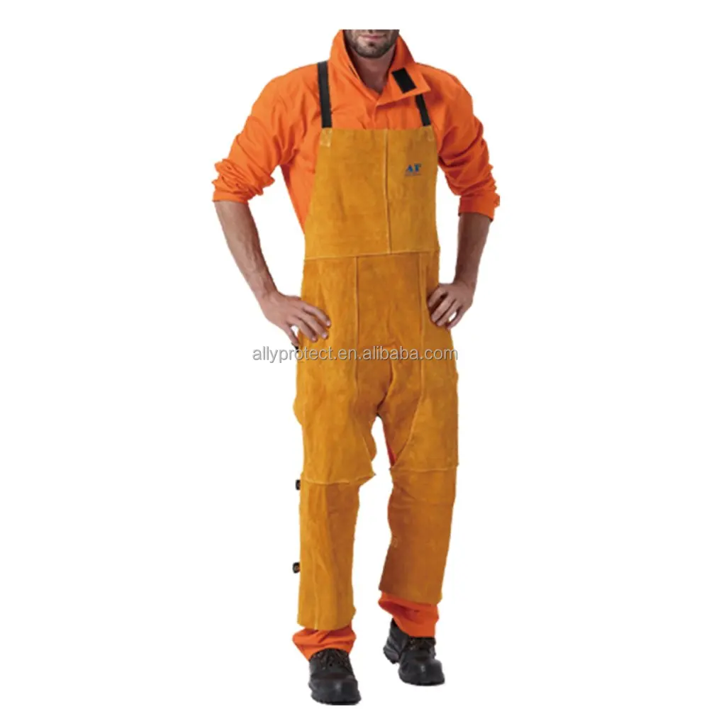 AP-2236 high quality coffee leather bib apron with split leg for welding heat and fire resistant in working clothes