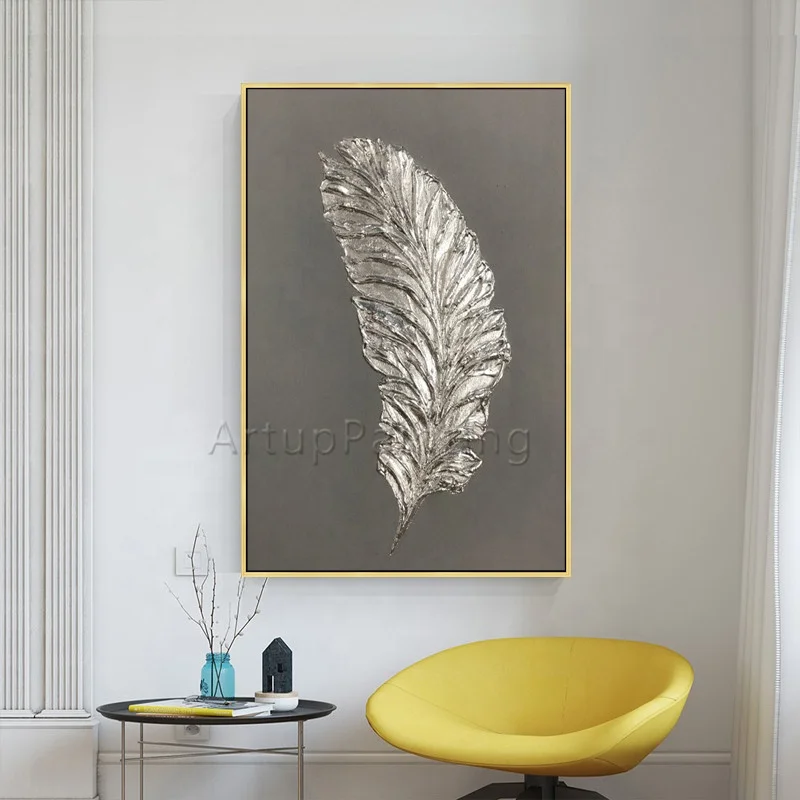 Silver Feather Painting on Canvas Art Modern Picture for Living Room Acrylic Hand Painted  wall decor for shop home