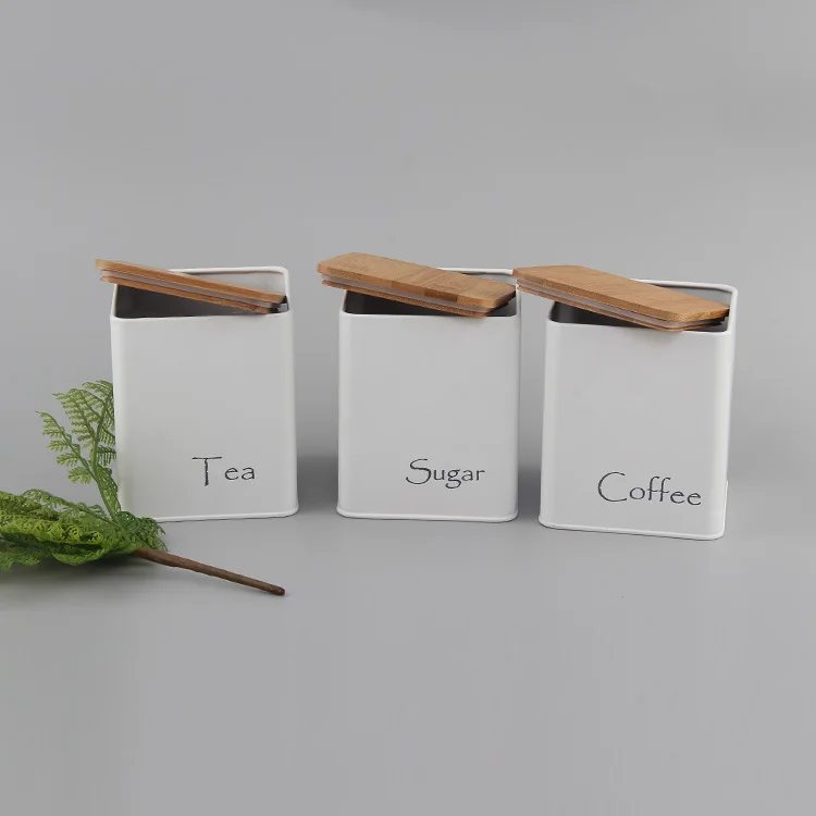 Hot Selling wood cover 3 pcs dry food storage Airtight Metal Tin Iron color Square flour sugar canister sets for kitchen counter