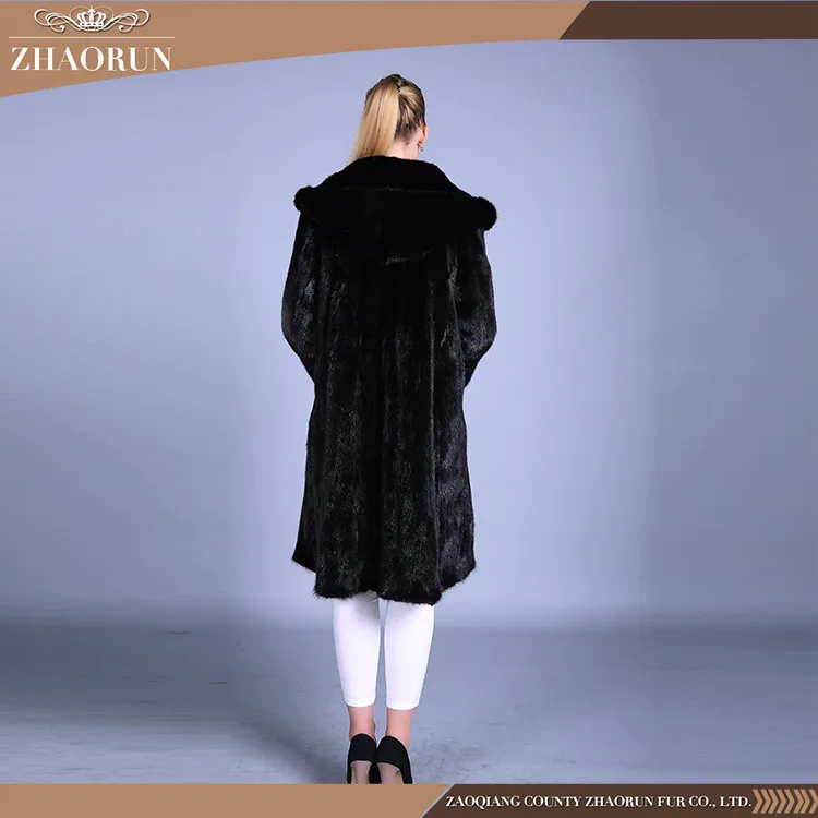 100% Real black long Mink Fur Coat With hat classic mink fur parka with hat