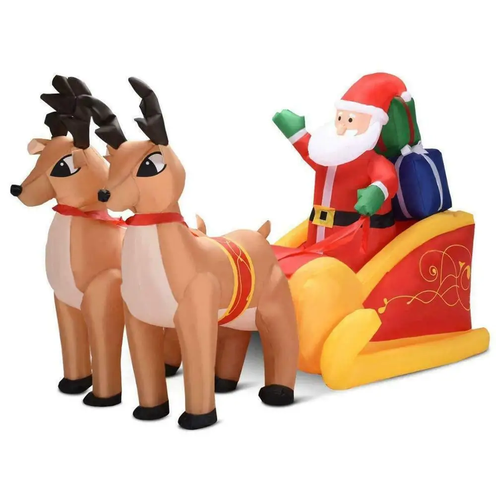 Long Christmas Inflatable Santa on Sleigh 2 Reindeer Yard Decoration Supplies