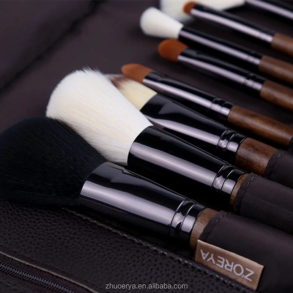 New Brown PU Leather Bag 15pcs Make up Brushes Private Label Makeup Brush Set 10 Sets Alluminum ISO9001:2008 Nylon