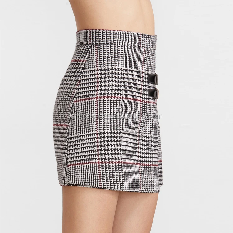2017 Latest designs factory wholesale price fashion Houndstooth Plaid Buckle Trim lady short Skirt