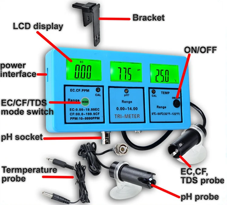 China Supplier 4 in 1 PH/EC/CF/TDS portable hardness tester, water ph meter electrode, digital ph & control ec