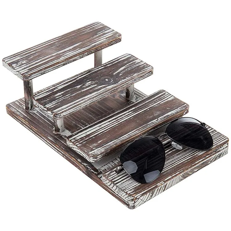 4-Tier Rustic Torched Wood Sunglasses Display Stand