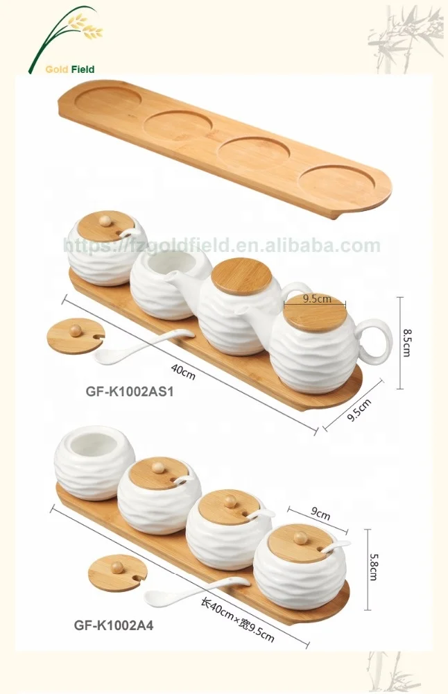 wholesale ceramic sugar spice Jar set container Set bamboo lids with Bamboo Tray