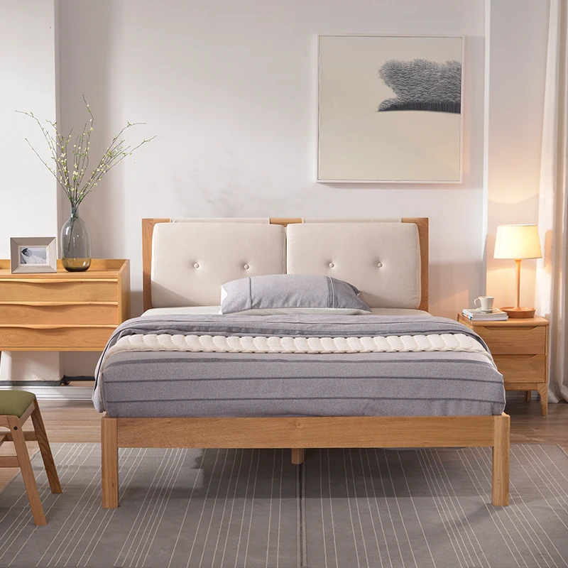 Fashion Modern Bedroom Furniture Solid Wood Bed Frame Fabric Headboard Nordic Simple Style Wooden Double Bed