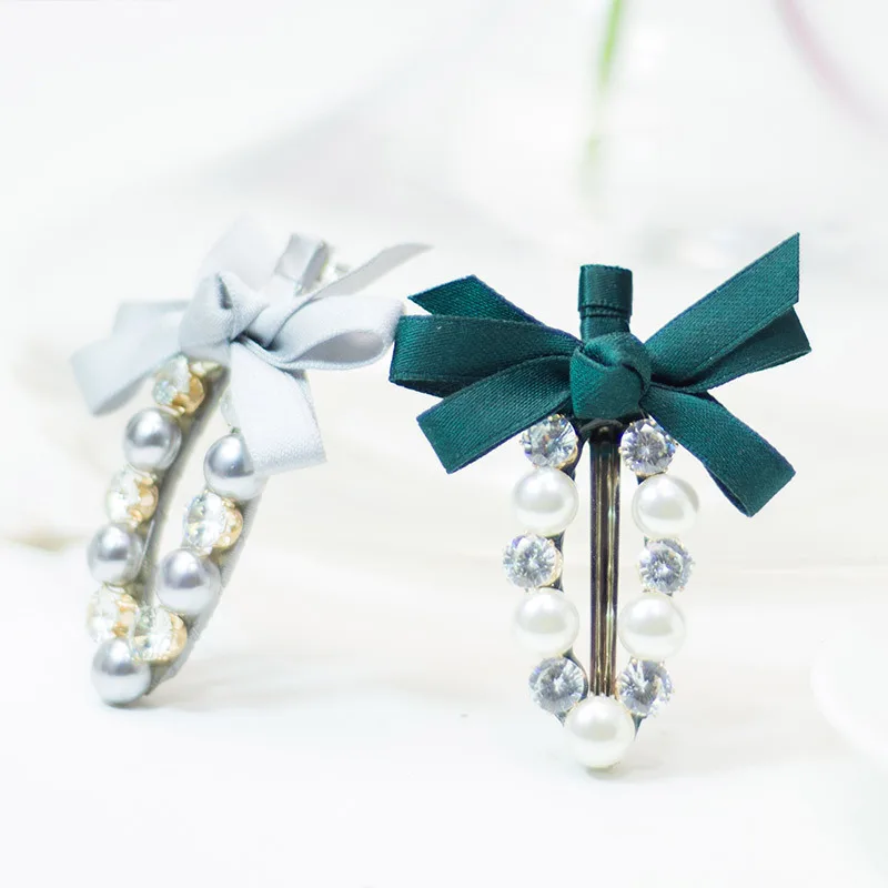 pearl rhinestone and dacron bow tie Alloy iron clip hair barrette for bangs
