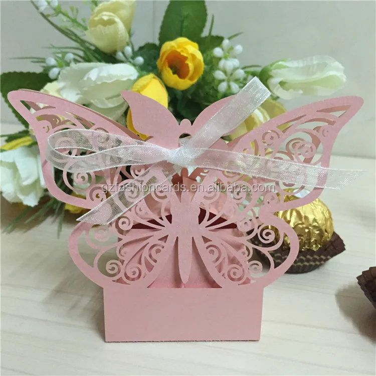 2023 Wholesale Laser Cut Pink Butterfly Shape Candy Box With White Ribbon Matte Paper Candy Wedding Gift Boxes