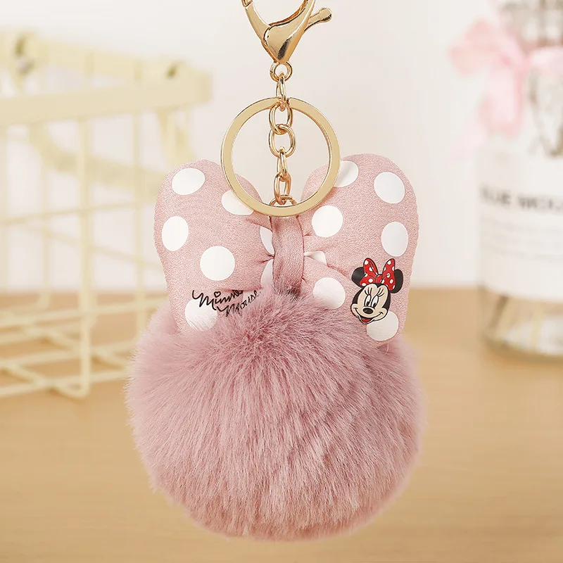 Fluffy Rabbit Fur Ball Mickey Keychain For Women Pompom Bunny Fur Bowknot Key Ring Bag Car Key Holder Jewelry Wedding Gift