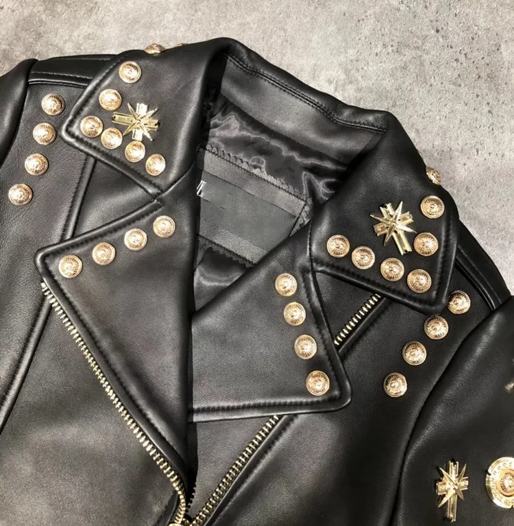 Fashion Cool Design Genuine Leather Coat Short Real Leather Punk Style Casual Studded Perfectly Motorcycle Women Leather Jacket