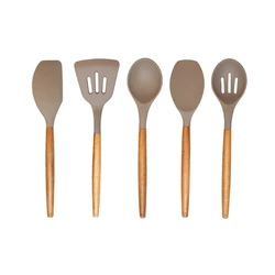 5 Piece Silicone Cooking Utensil Set with Natural Acacia Hard Wood Handle