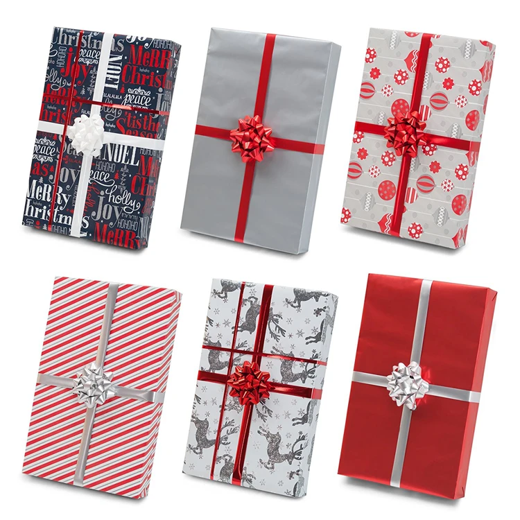 HOT SALE red silver design christmas gift printed wrapping tissue paper set with bows ribbons tags bag