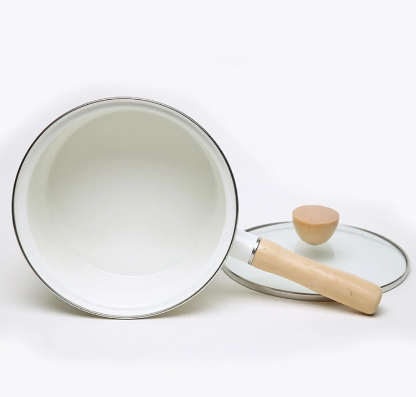 
Enamel Sauce Pan Healthy White Enameled Inside Coating Iron Milk Pan and Butter Warmer with Wooden Handle Handy Pot 