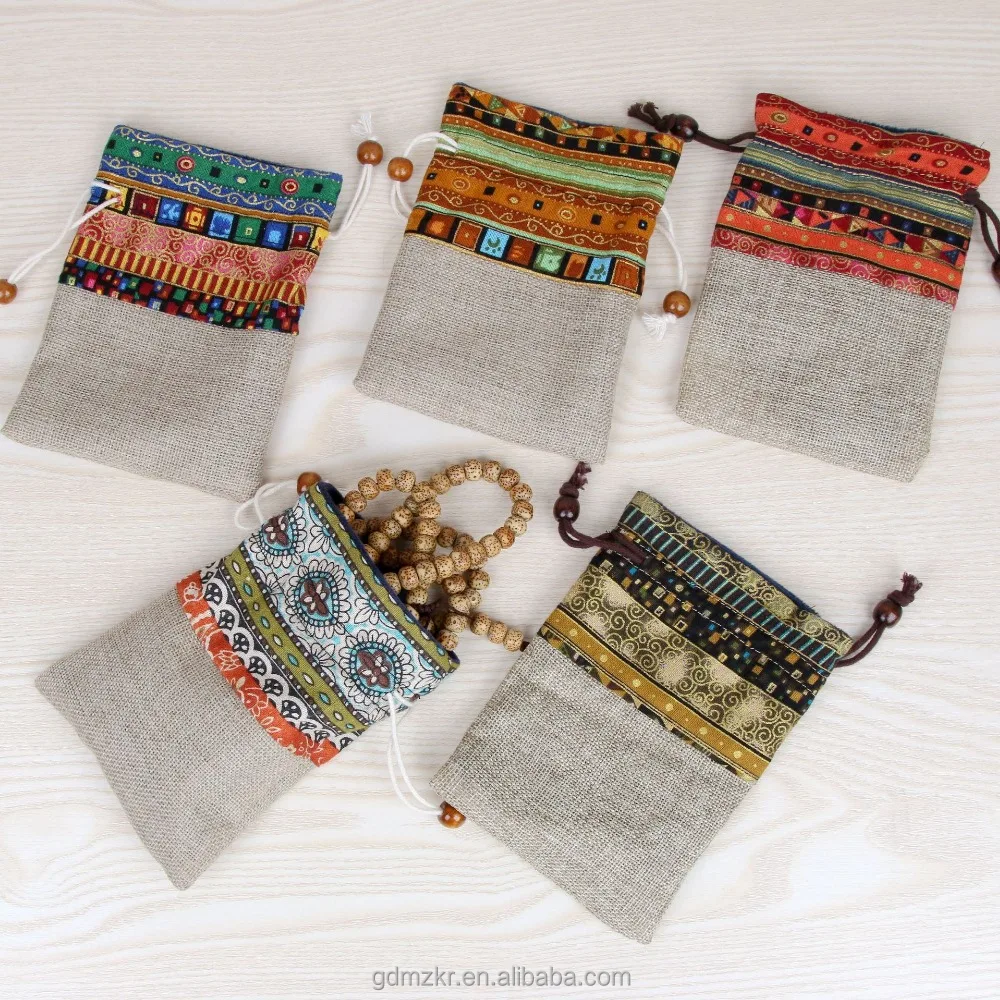custom creative split joint cotton linen bag hemp drawstring pouch bag