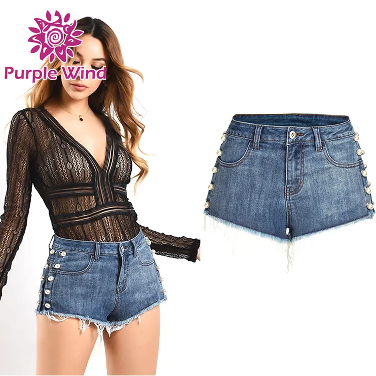 Fashion Denim Shorts Women Stretchy Ripped Jeans Sexy Beading Short