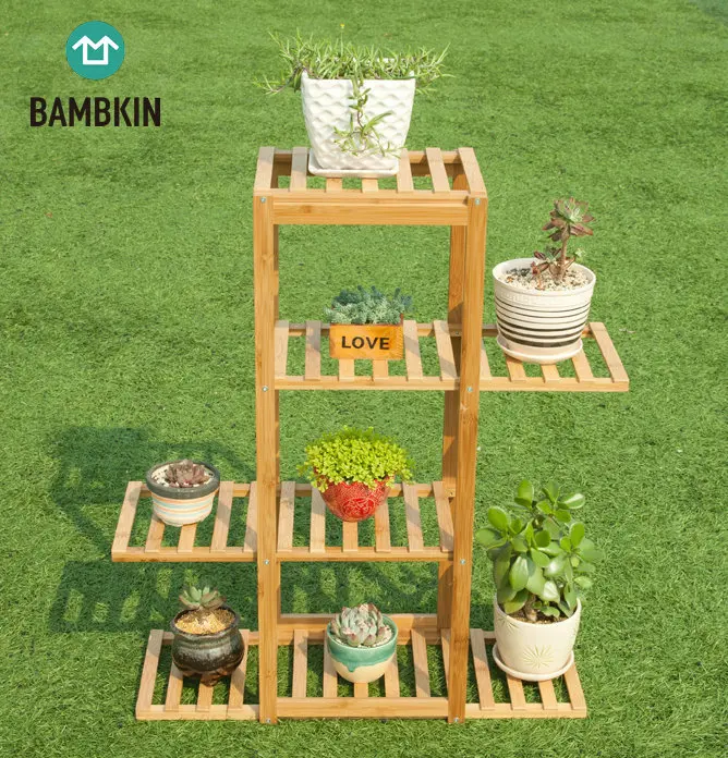 
BAMBKIN Bamboo 4-tier Flower Plant Pot Stand Four tier Multifunctional Ladder-Shaped Flower Shelf Rack Storage Shelves 