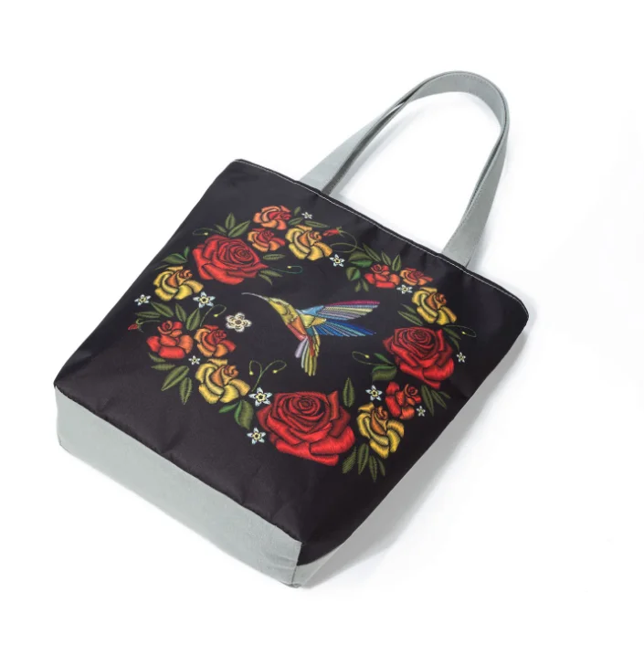 Women Black Bottom Printing Polyester Beach Hand Bag or Negotiable Custom 5 Days Flowers 3 Pcs Square 27x11x38cm as Image CN;JIA