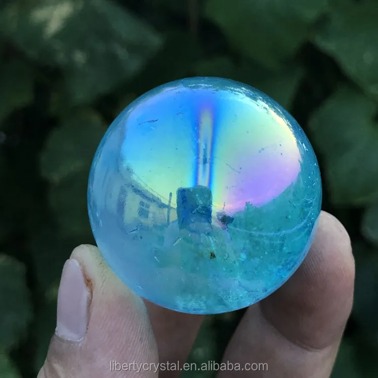 Blue Quartz Crystal Bismuth Titanium Silicon Rainbow Aura Sphere For Sale