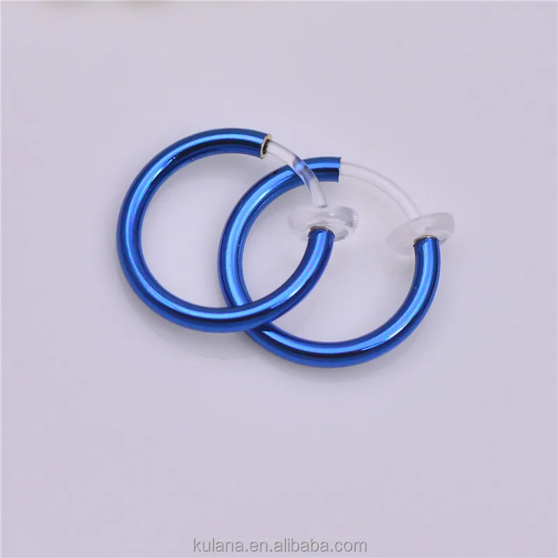New design Blue Clip On Spring Hoop earring with plastic clip
