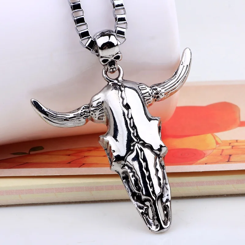 Vintage Mens Metal Chains Alloy Skull & Cow Head Pendant Necklace