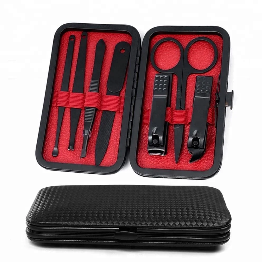 Stainless steel compactly mini size black manicure pedicure kit travel 7pcs nail care cutter tools gift set